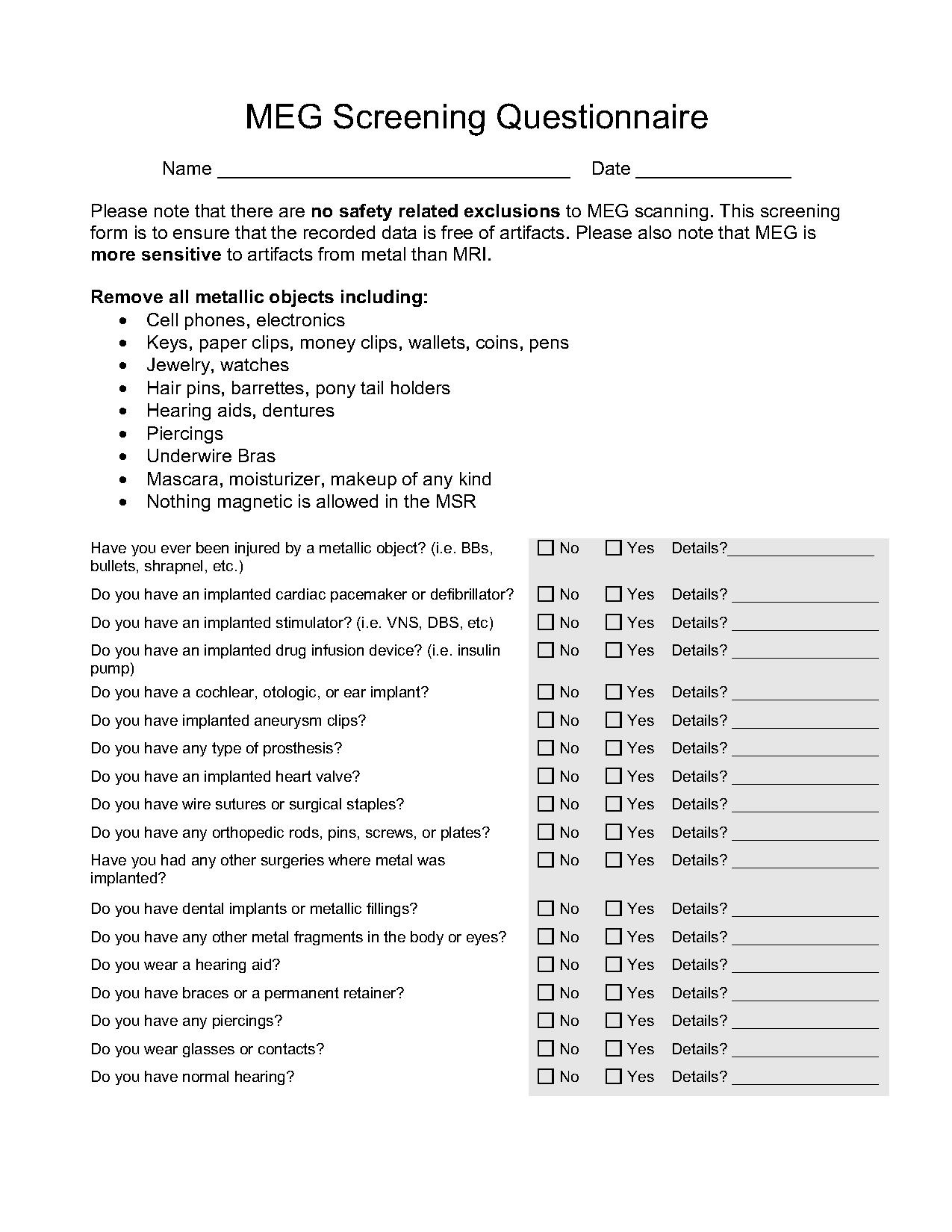 MEG Screening Questionnaire
